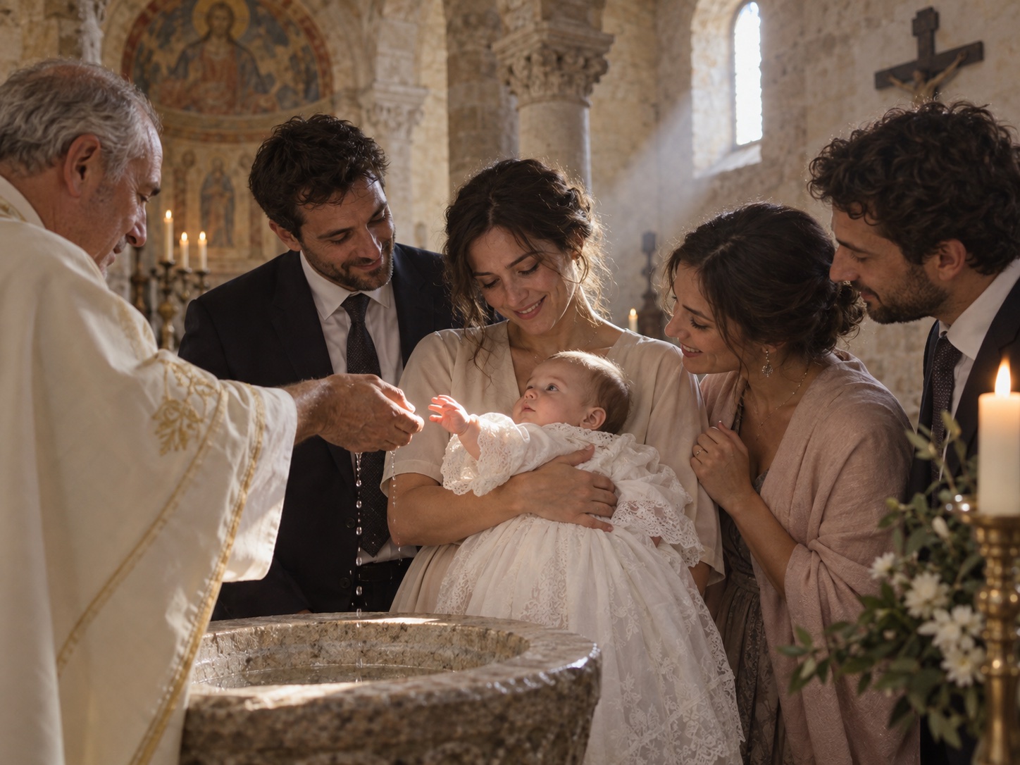 La famiglia si raccoglie intorno a una bambina per il battesimo