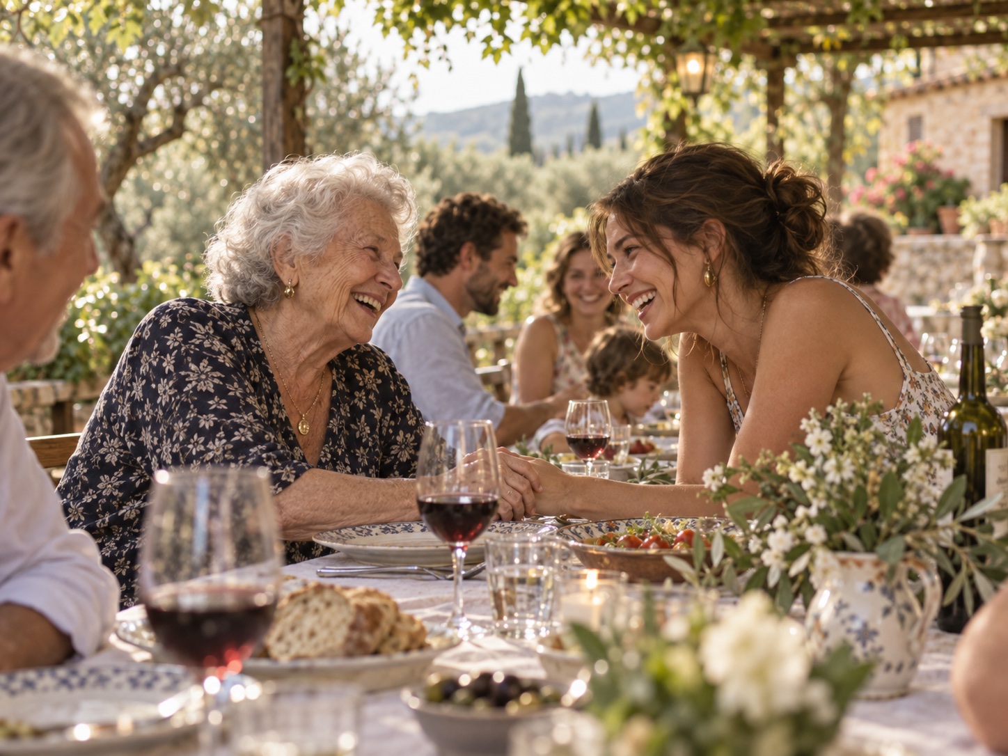 Una nonna e sua nipote ridono insieme durante un pranzo in giardino