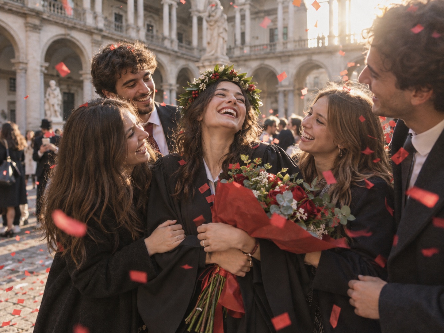 Una neolaureata festeggia con amici nel cortile del Politecnico di Milano