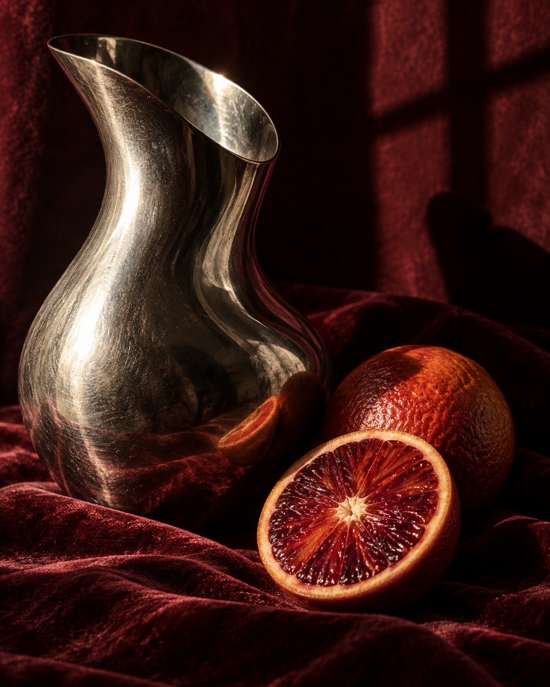 Un vaso d'argento e un'arancia rossa su velluto color vino